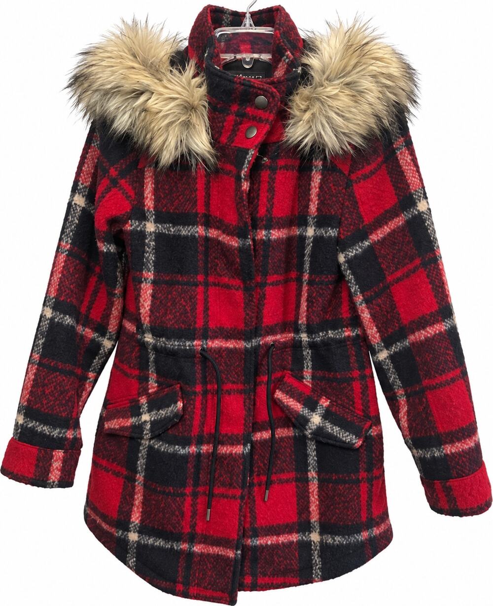 American Eagle Coat Faux Fur Hood Women's XS Red Plaid Wool Blend Parka Preppy